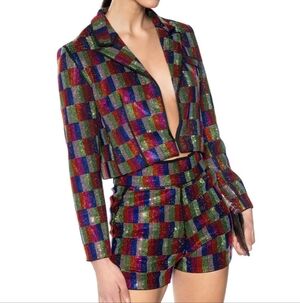 POP STAR RECTANGLE PRINT RHINESTONE CROP BLAZER - XL